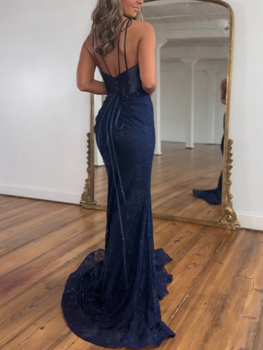 Glitter Navy Mermaid Sweep Train Prom Dress With Slit - KissProm