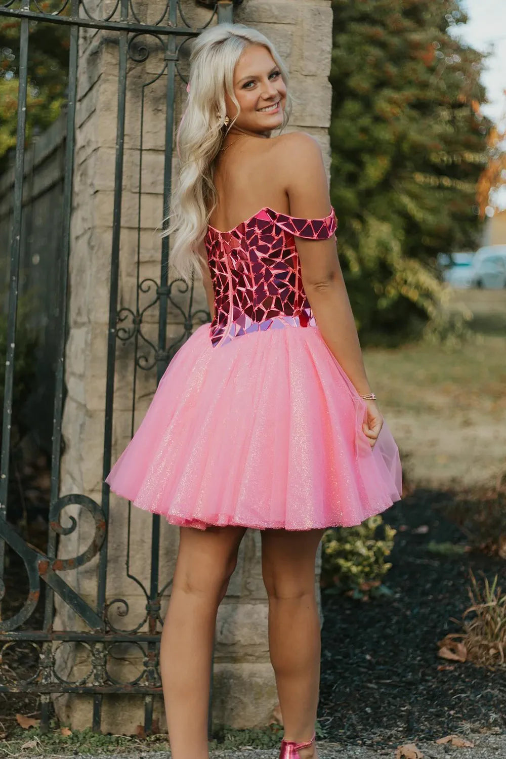 Glitter Pink Off the Shoulder A-Line Tulle Short Homecoming Dress