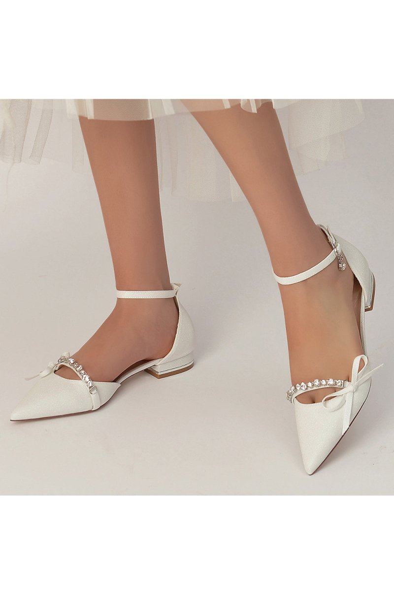 Glitter Pointed Toe Low Heels Wedding Shoes with Bow - KissProm