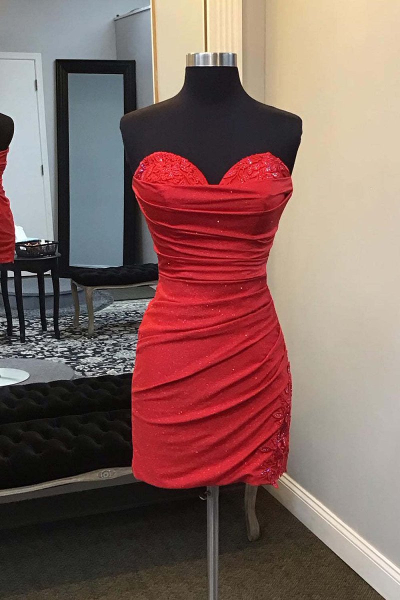 Glitter Red Sweetheart Tight Short Homecoming Dress with Appliques - KissProm