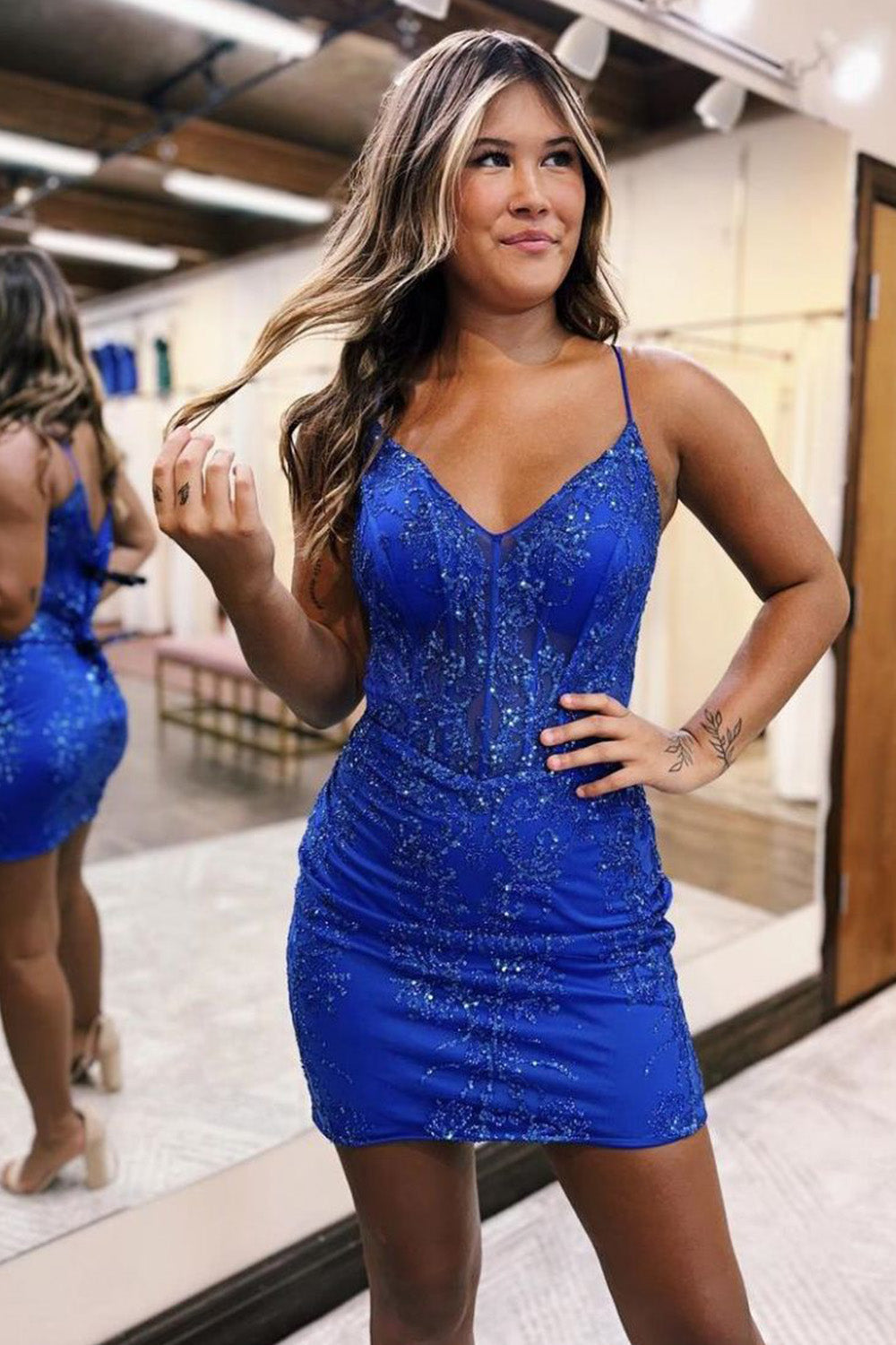 Veromca | Glitter Sparkly Bodycon Zipper Back Spaghetti Straps Short Homecoming Dress