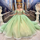 Sage Green Off Shoulder Beading Floral Appliqué Quinceanera Dress - KissProm