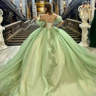 Sage Green Off Shoulder Beading Floral Appliqué Quinceanera Dress - KissProm