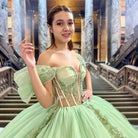 Sage Green Off Shoulder Beading Floral Appliqué Quinceanera Dress - KissProm