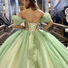 Sage Green Off Shoulder Beading Floral Appliqué Quinceanera Dress - KissProm