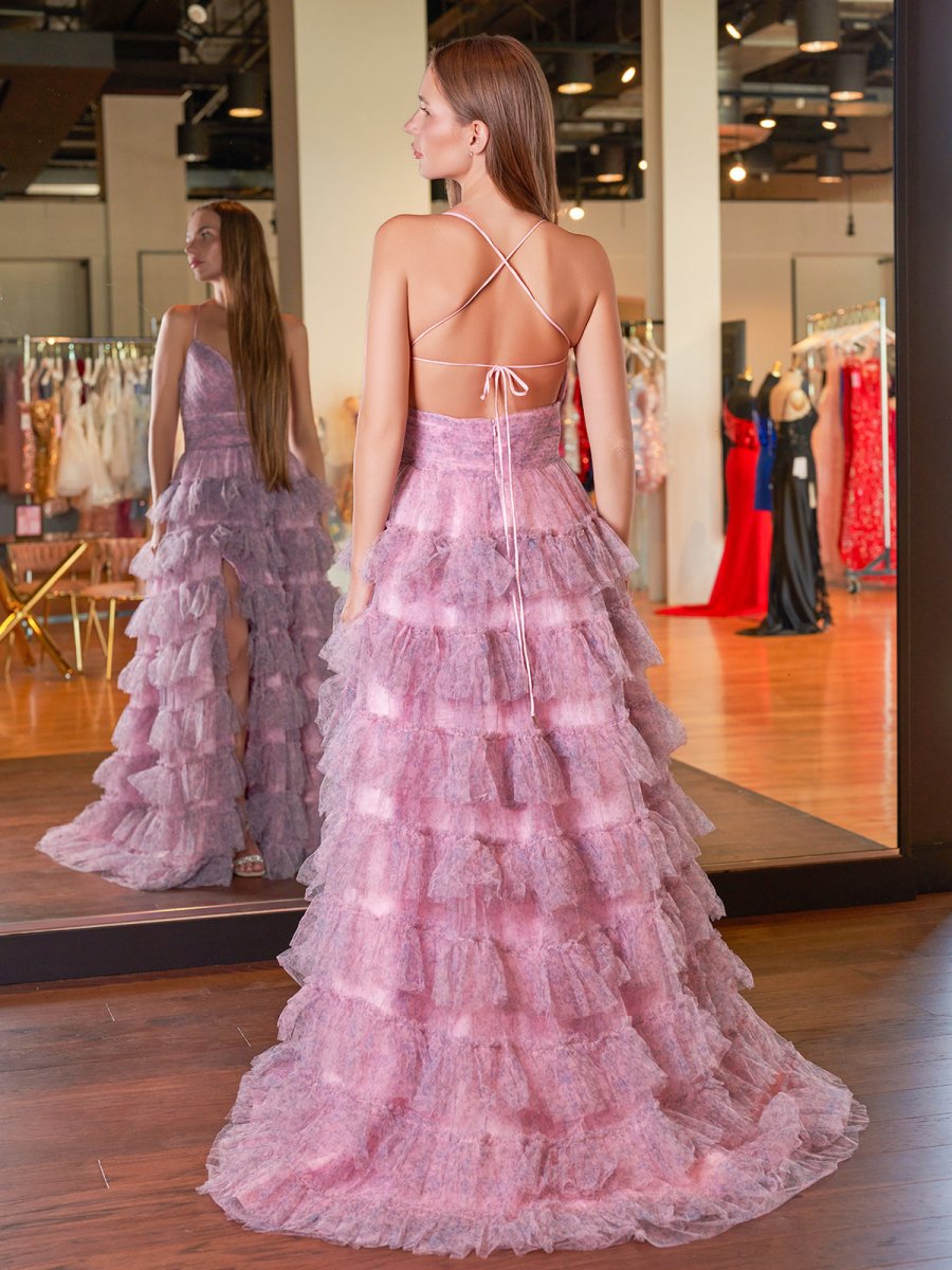 Lena |A Line Spaghetti Straps Printed Tulle Prom Dress with Ruffles - KissProm