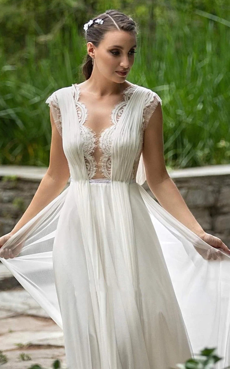 Greek A Line Plunging Neckline Chiffon Lace Wedding Dress With Open Ba