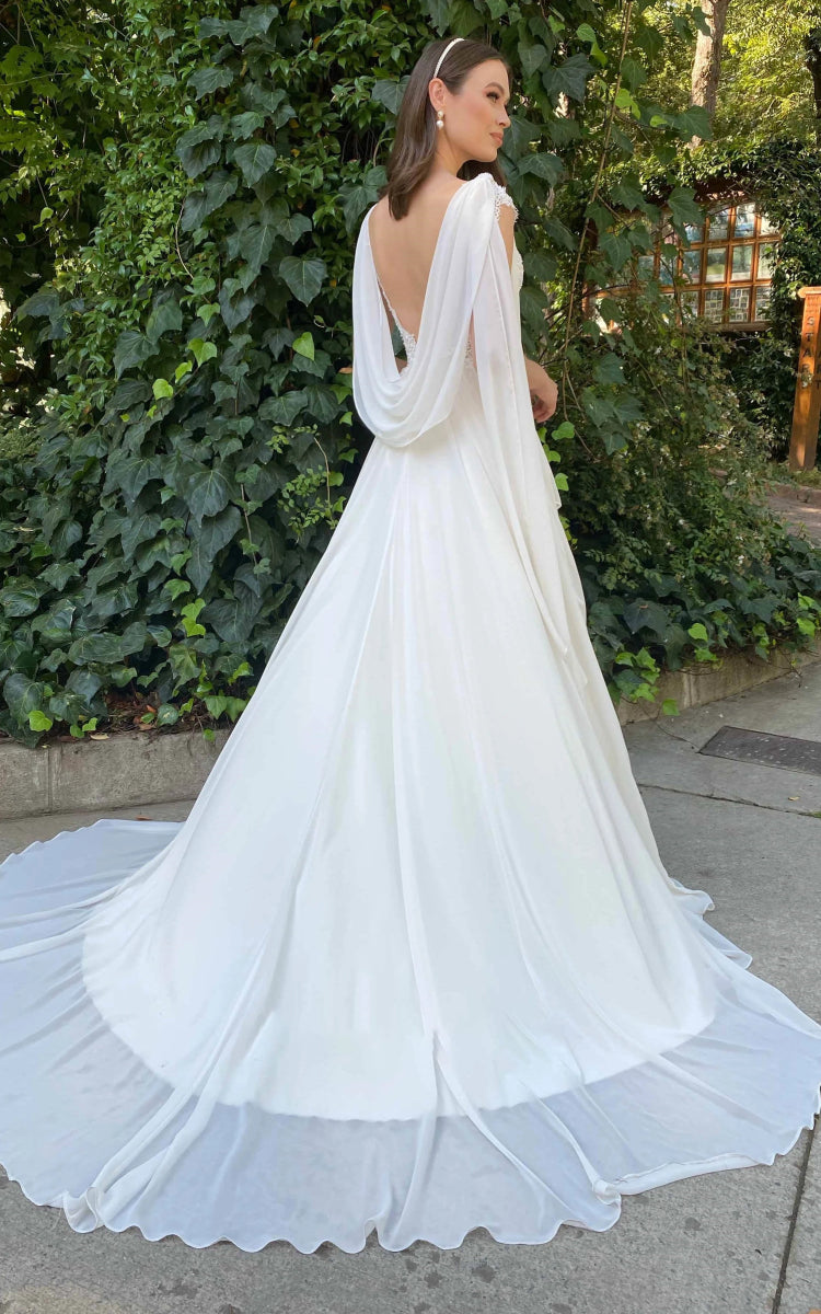 Greek Simple A Line V - neck Chiffon Court Train Wedding Dress with Ruching - KissProm