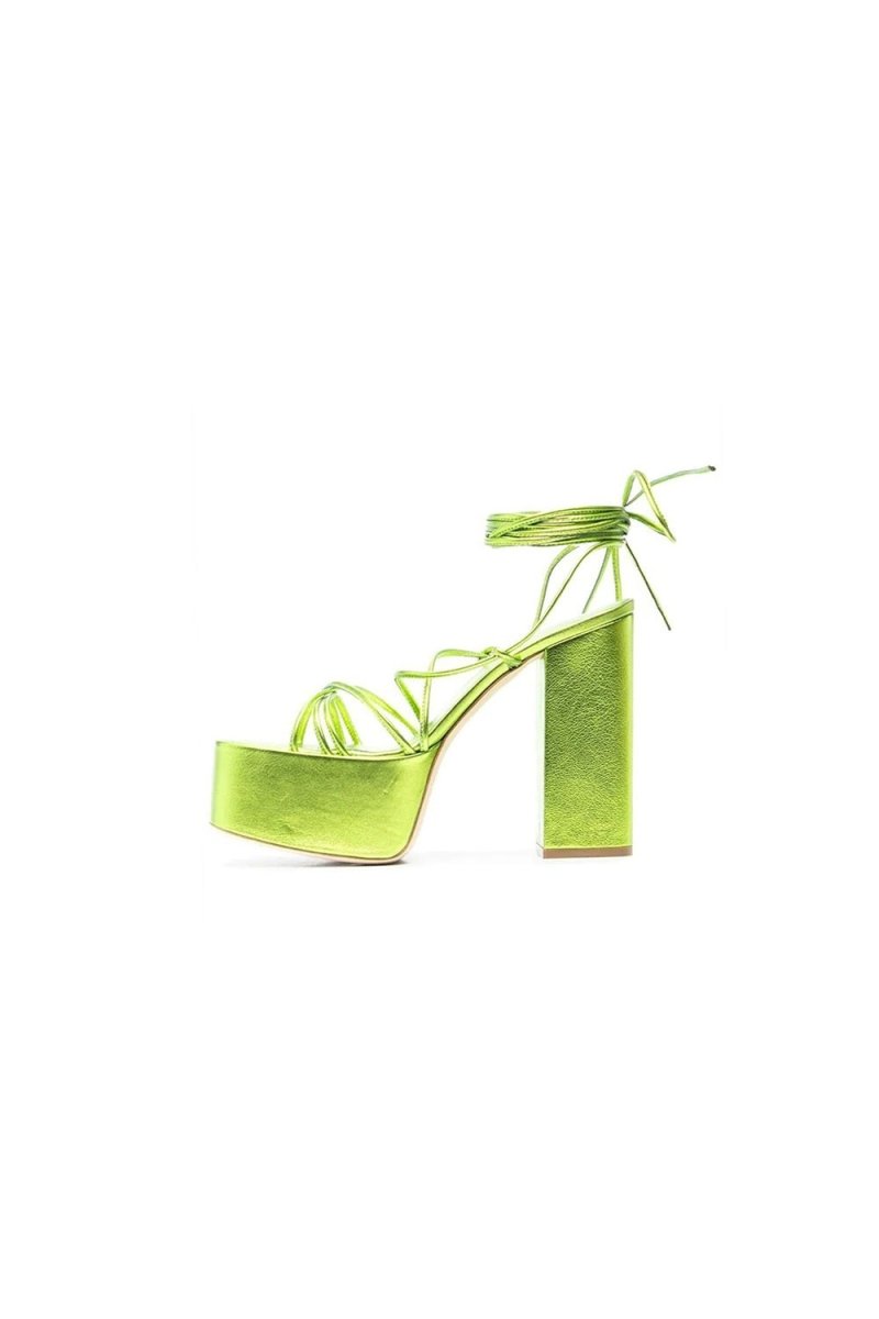 Green Lace Up Leather High Heel Platform Sandals - KissProm