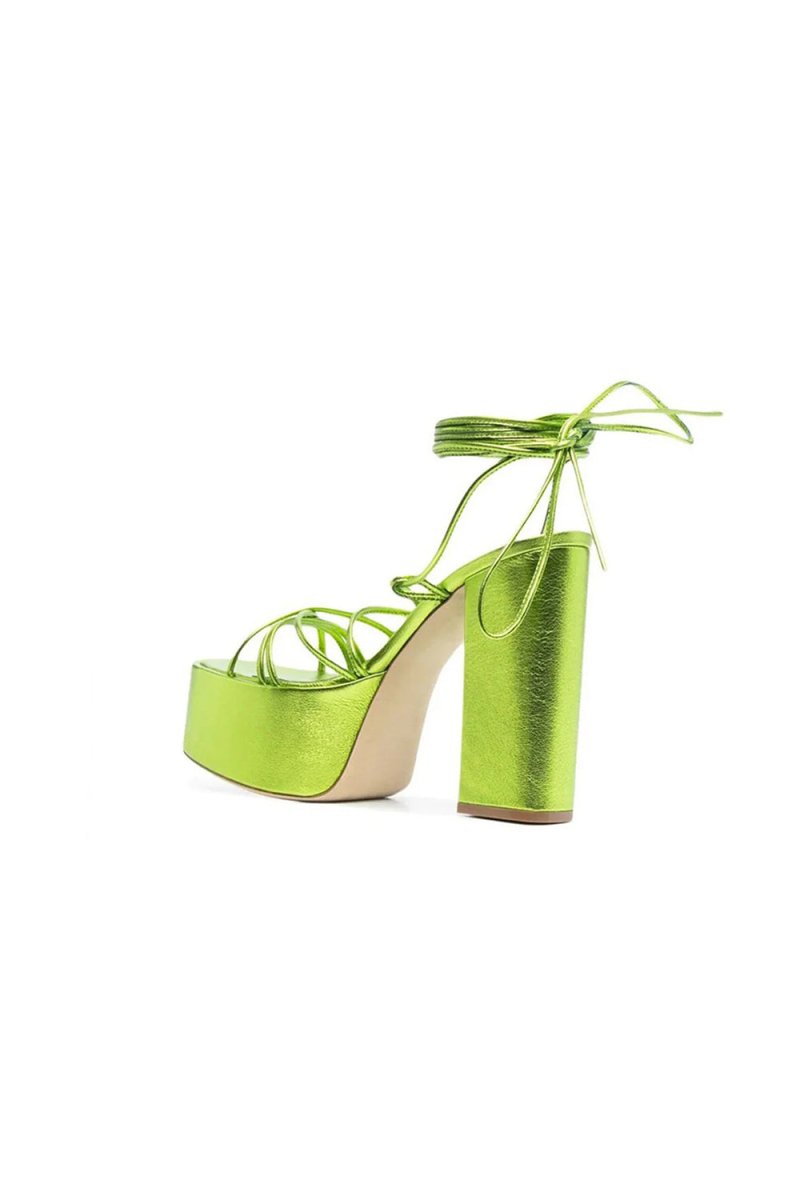 Green Lace Up Leather High Heel Platform Sandals - KissProm