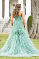 Green Strapless A - Line Tulle Long Prom Dresses - KissProm