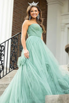 Green Strapless A - Line Tulle Long Prom Dresses - KissProm