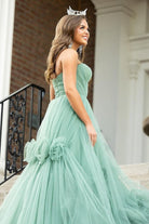 Green Strapless A - Line Tulle Long Prom Dresses - KissProm