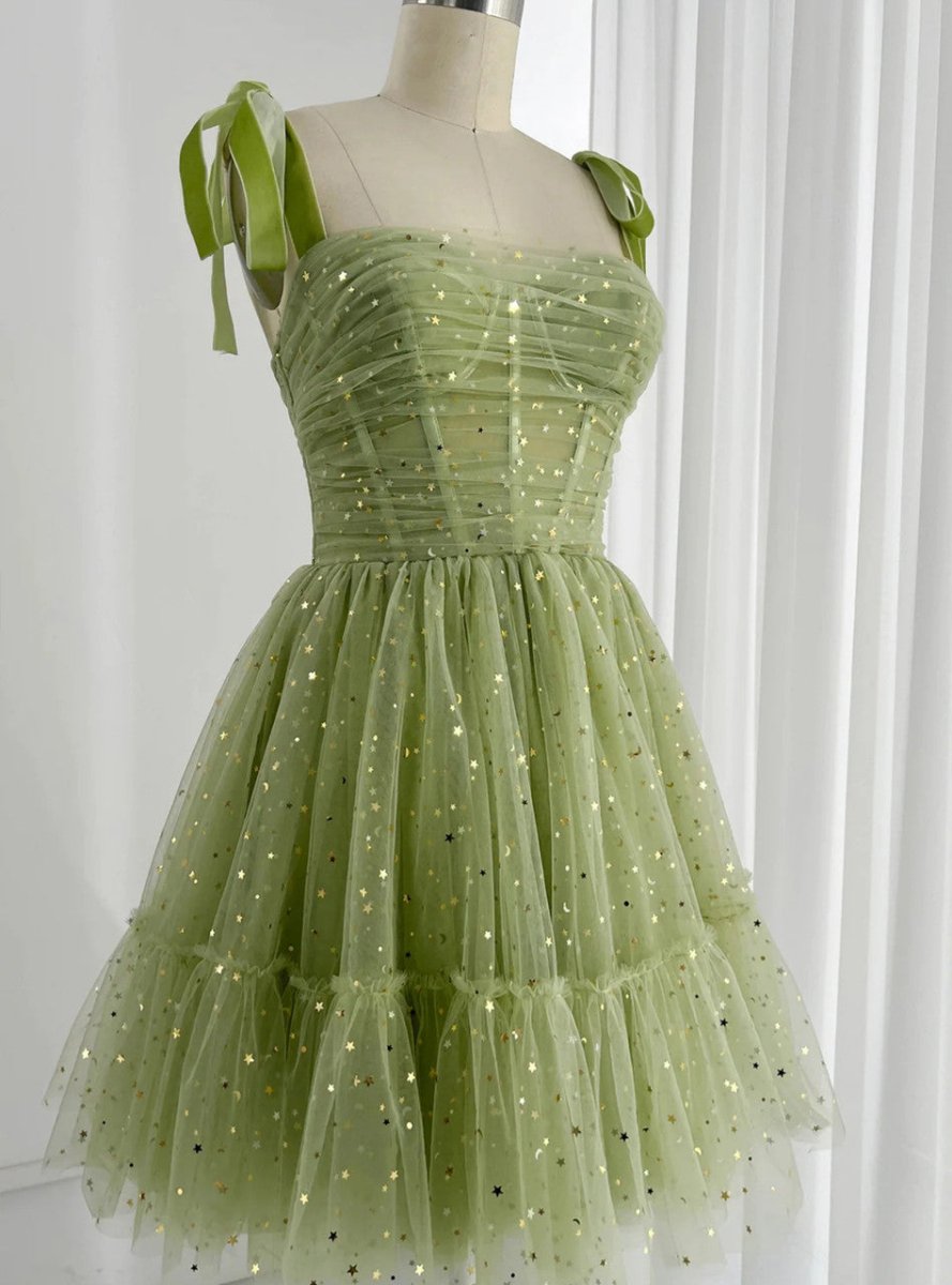 Green Tulle Sequins Spagheti Straps Pleats Homeocming Dress - KissProm