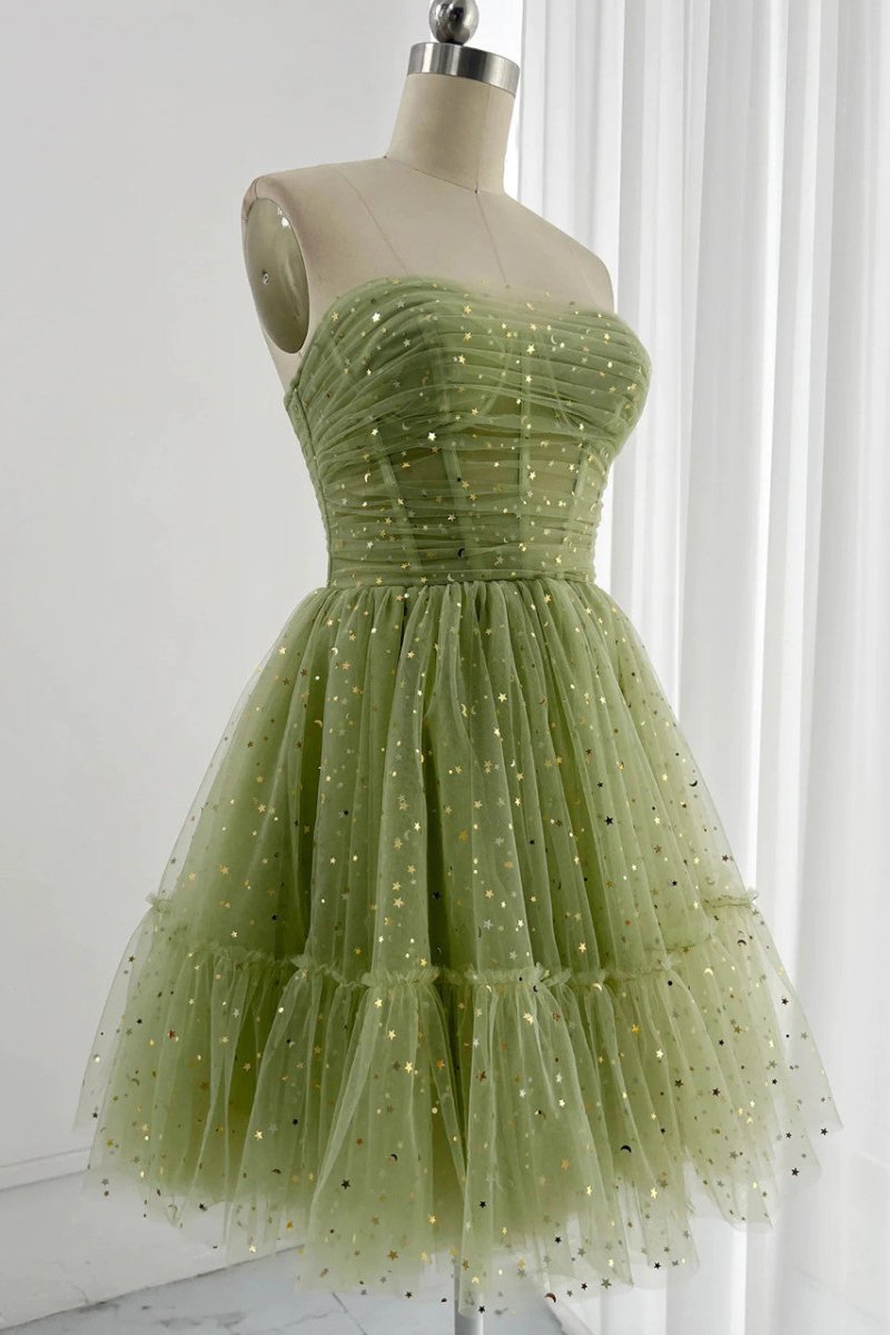 Green Tulle Sequins Spagheti Straps Pleats Homeocming Dress - KissProm