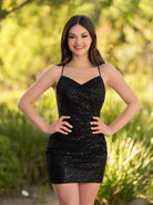 Greta | Black Sequin Lace Up Short Tight Homecoming Dress - KissProm