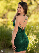 KissProm Sequin Lace Up Short Tight Homecoming Dress | The spaghetti-strap V-neckline delicately frames your collarbone and neck, adding a touch of sultriness to this elegant ensemble.