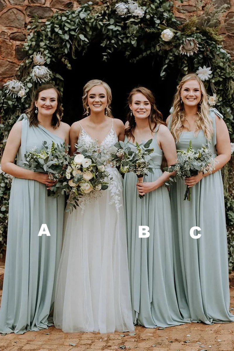 Grey Green Chiffon Spaghetti Straps A - Line Long Bridesmaid Dress - KissProm