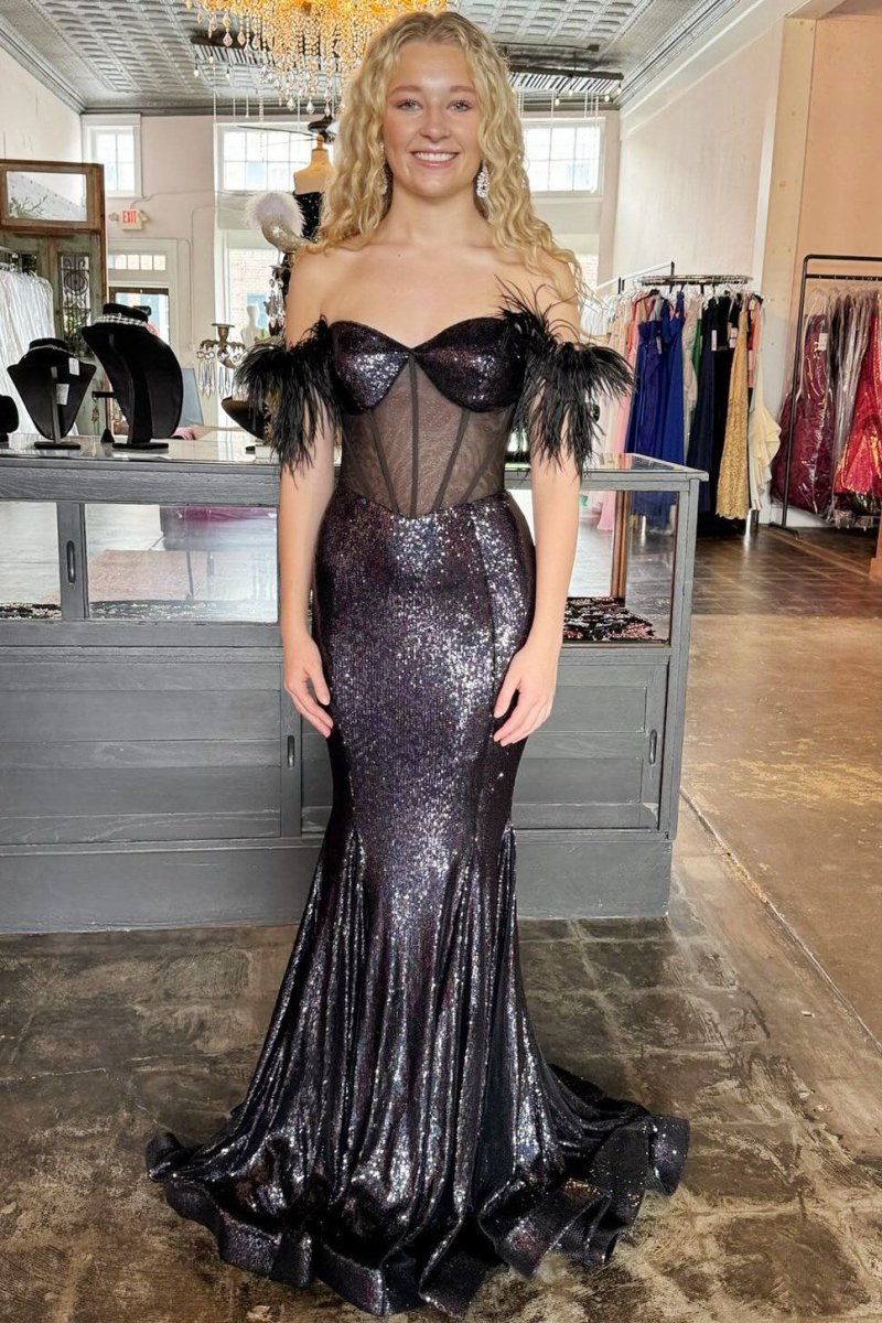 Gwenda | Black Sequin Feather Sheer Bodice Trumpet Long Gown - KissProm