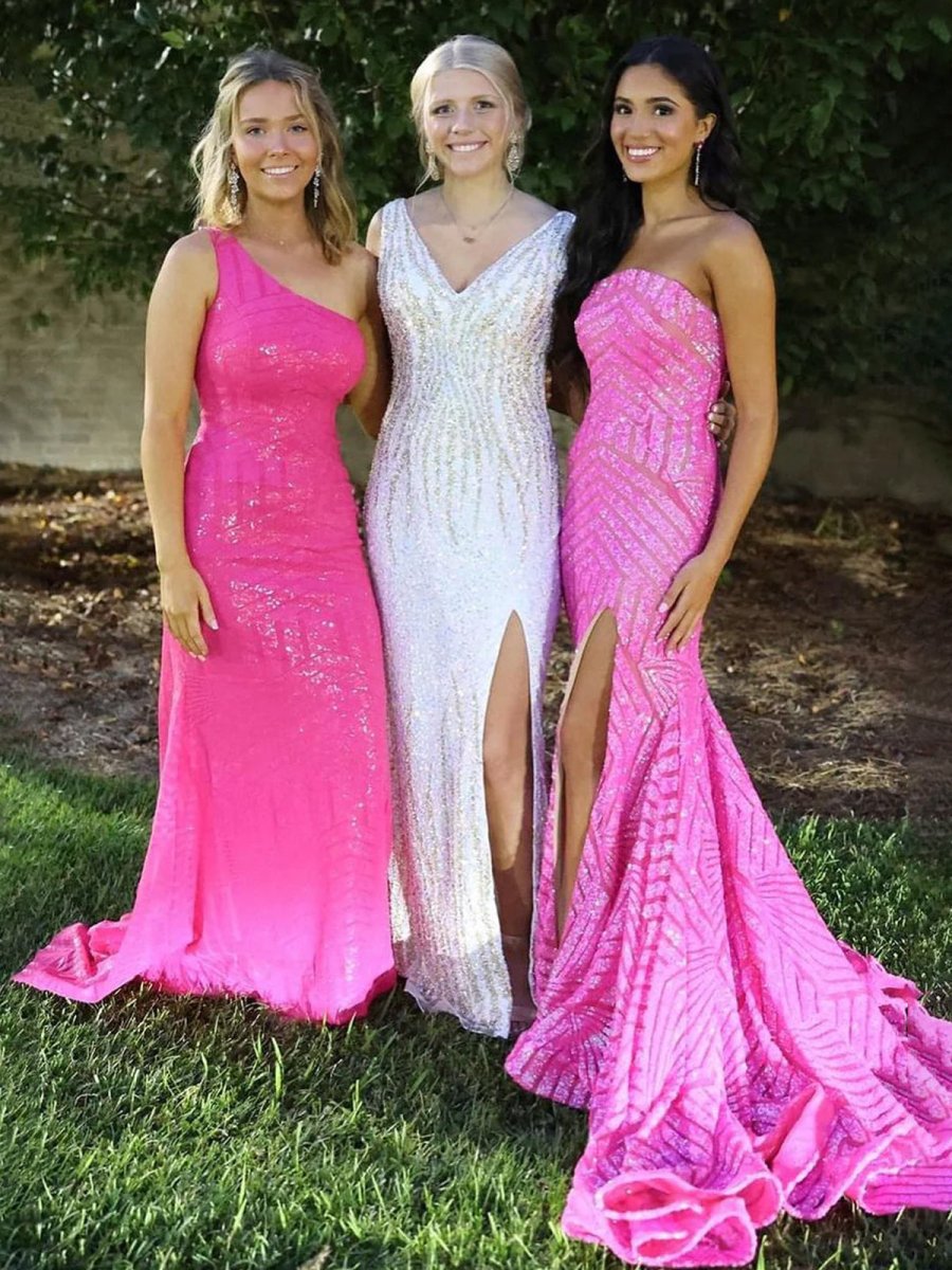 Halcyon | Mermaid Hot Pink Sequins Strapless Prom Dresses with Slit - KissProm