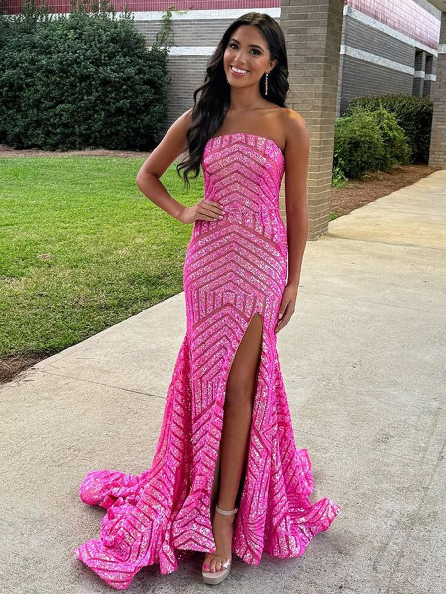 Halcyon | Mermaid Hot Pink Sequins Strapless Prom Dresses with Slit - KissProm