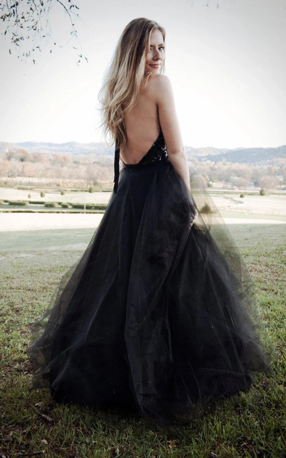 Black halter wedding dress best sale