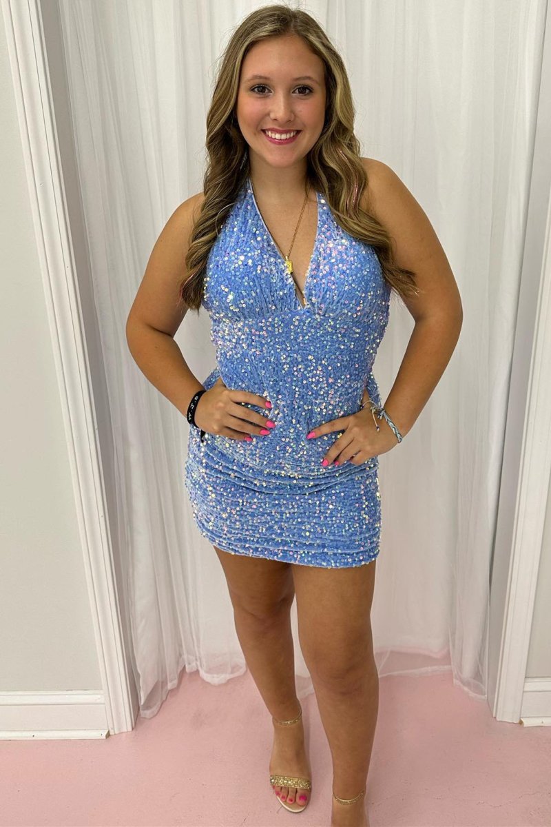 Halter Light Blue Sequin Bodycon Homecoming Dress - KissProm