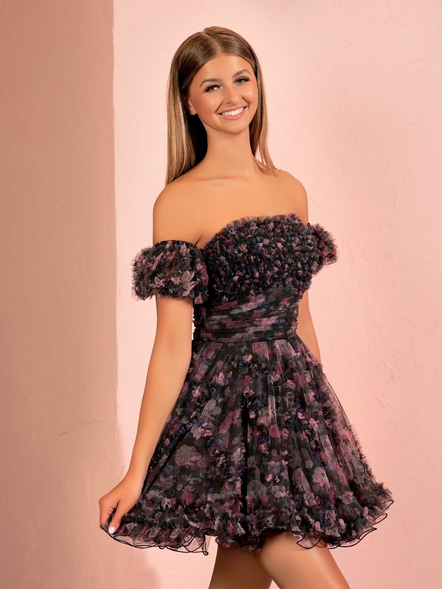 Hanni | A - line Printed Tulle Blue Ruffles Homecoming Dress With Puff Sleeves - KissProm