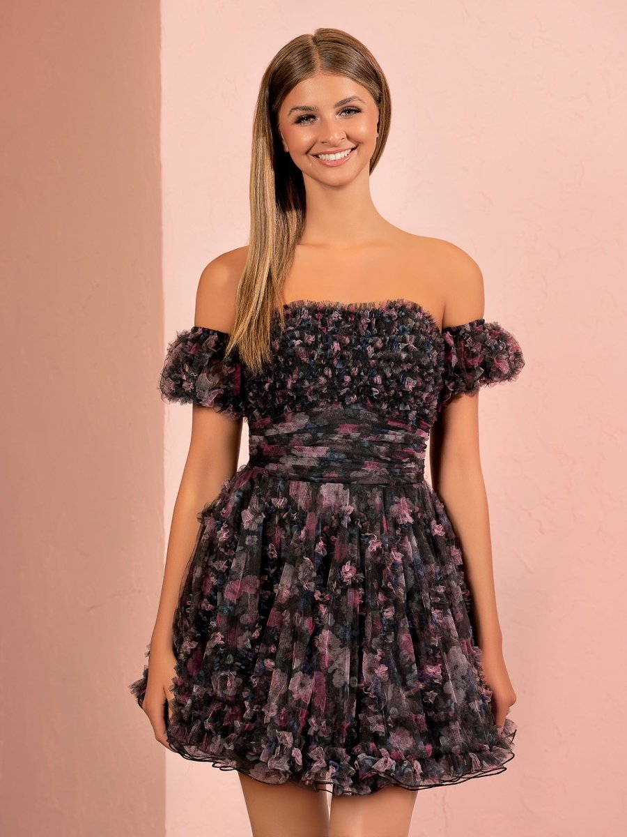 Hanni | A - line Printed Tulle Blue Ruffles Homecoming Dress With Puff Sleeves - KissProm