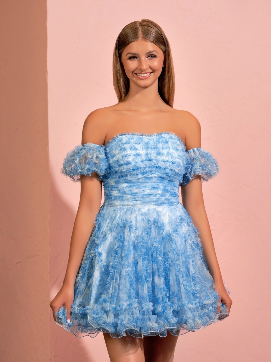 Hanni | A - line Printed Tulle Blue Ruffles Homecoming Dress With Puff Sleeves - KissProm