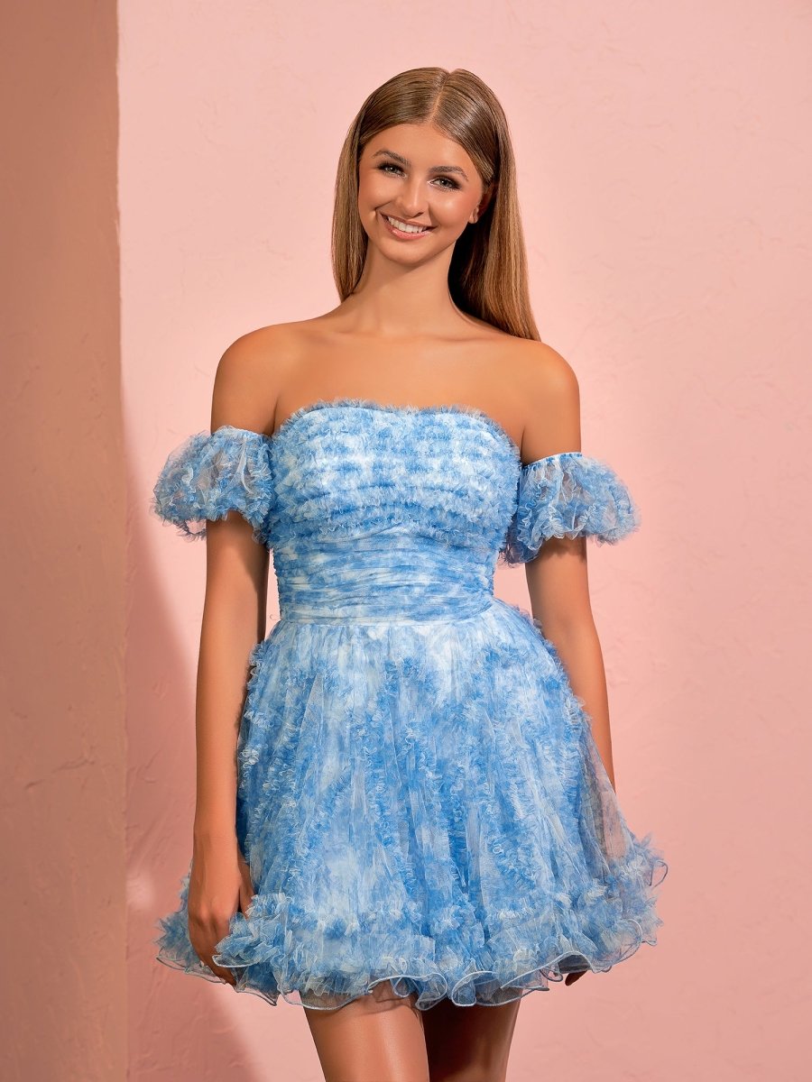 Hanni | A - line Printed Tulle Blue Ruffles Homecoming Dress With Puff Sleeves - KissProm