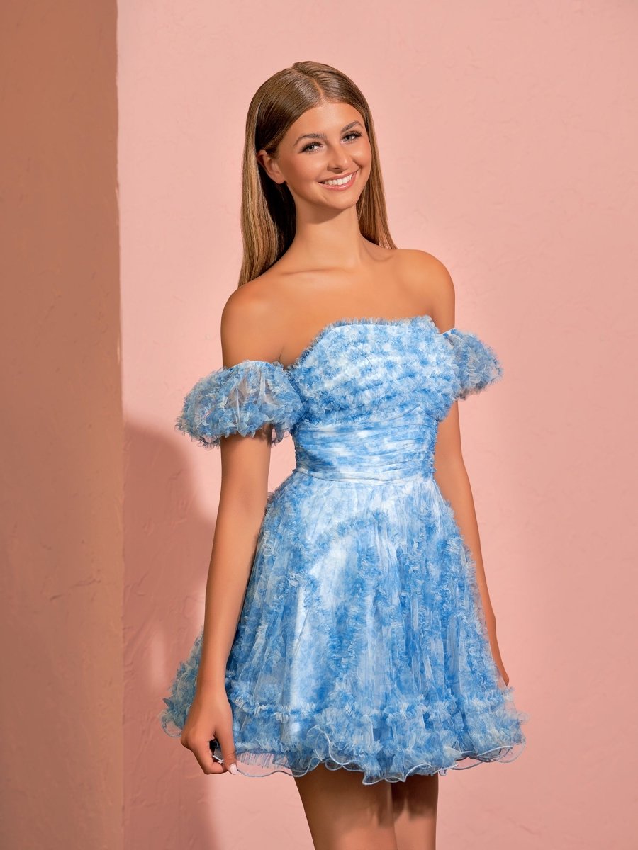 Hanni | A - line Printed Tulle Blue Ruffles Homecoming Dress With Puff Sleeves - KissProm