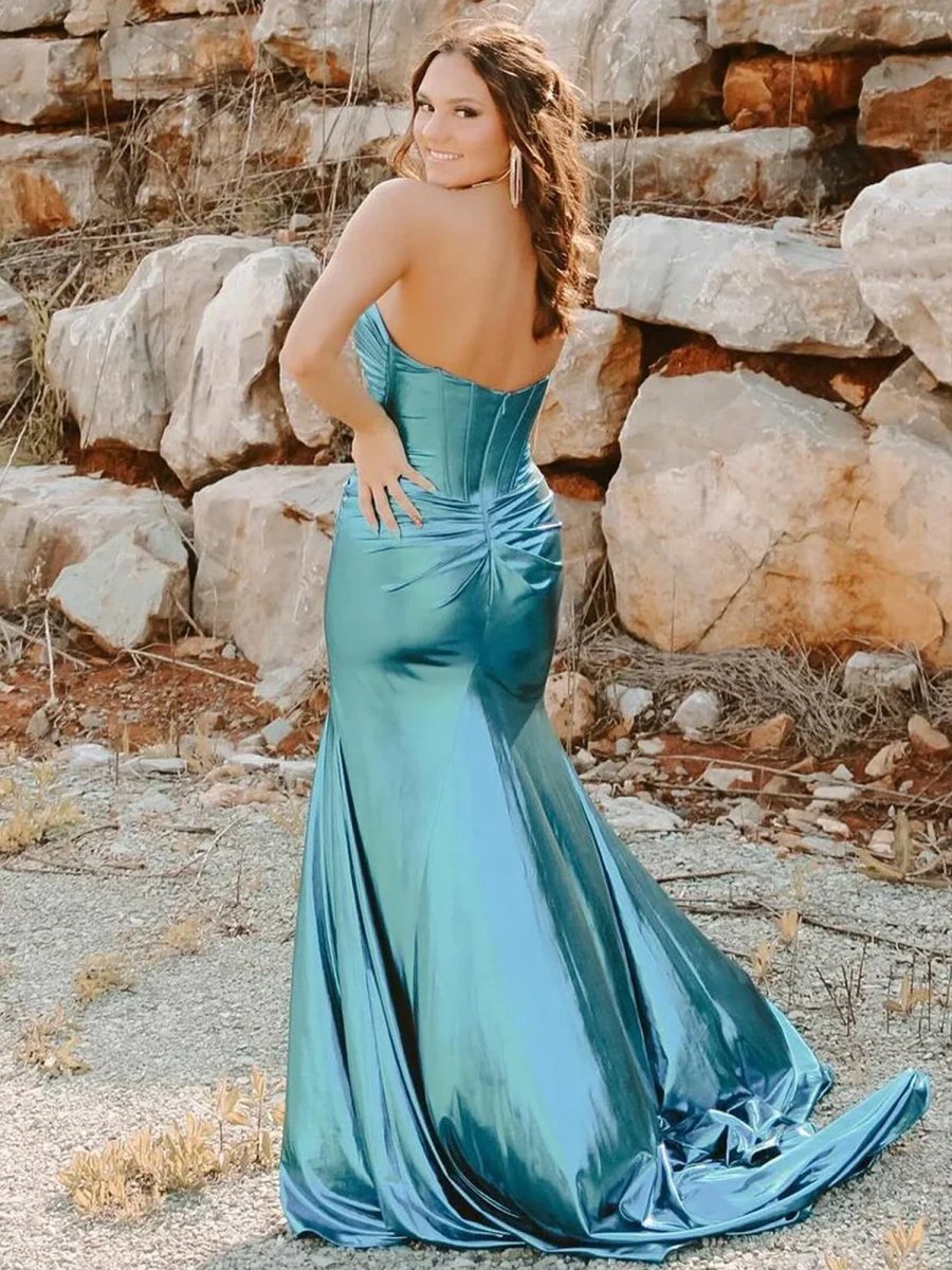 Hedda | Mermaid Sweetheart Strapless Metallic Empire Prom Dress With Side Slit - KissProm