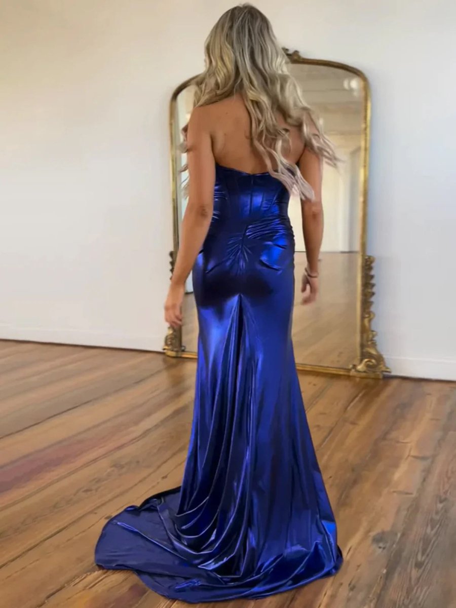 Hedda | Mermaid Sweetheart Strapless Metallic Empire Prom Dress With Side Slit - KissProm