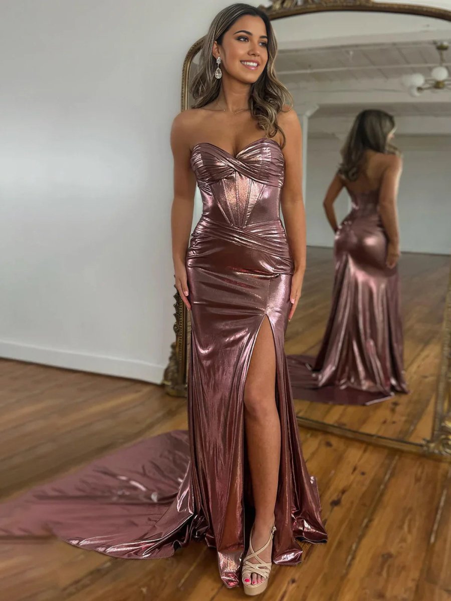 Hedda | Mermaid Sweetheart Strapless Metallic Empire Prom Dress With Side Slit - KissProm