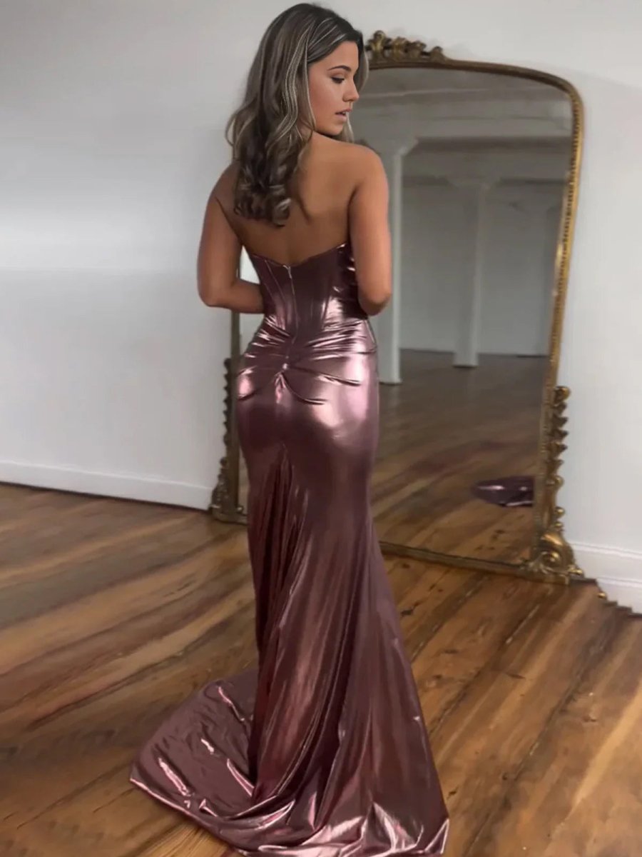 Hedda | Mermaid Sweetheart Strapless Metallic Empire Prom Dress With Side Slit - KissProm