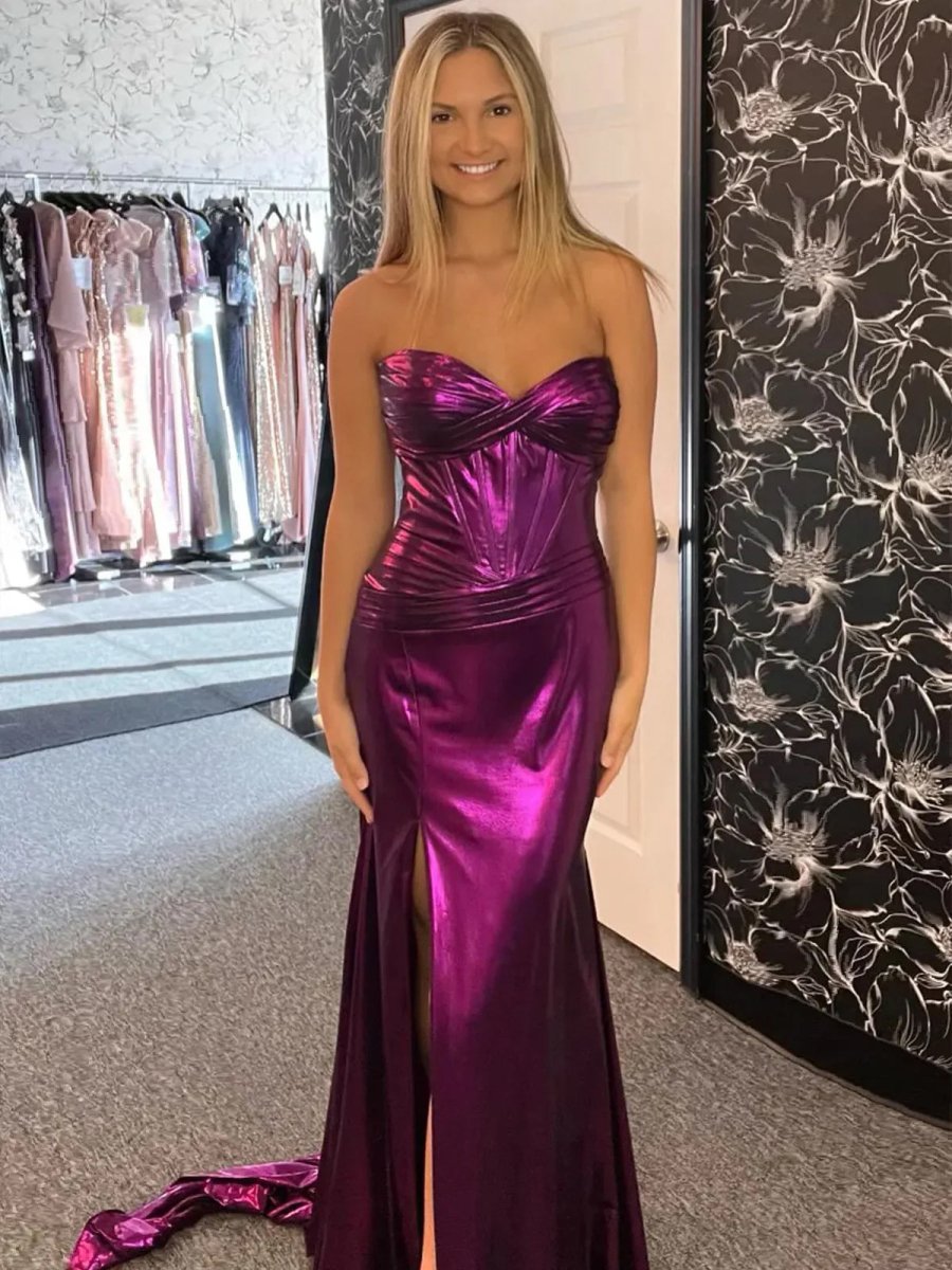 Hedda | Mermaid Sweetheart Strapless Metallic Empire Prom Dress With Side Slit - KissProm