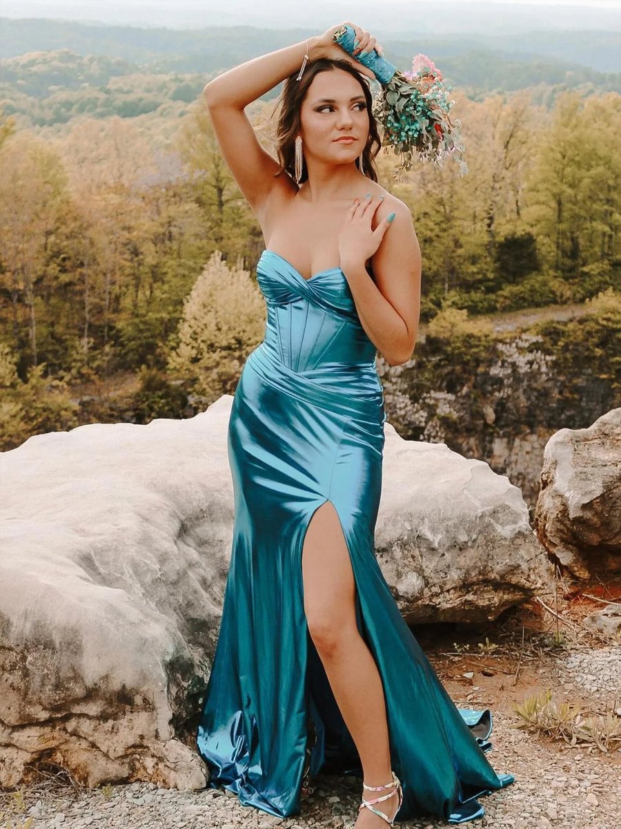 Hedda | Mermaid Sweetheart Strapless Metallic Empire Prom Dress With Side Slit - KissProm