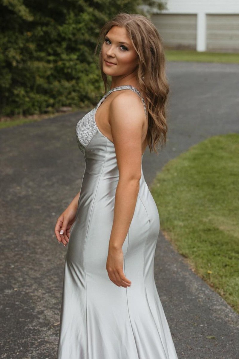 Hedy | Silver Halter Mermaid Satin Beaded Prom Dress With Split - KissProm