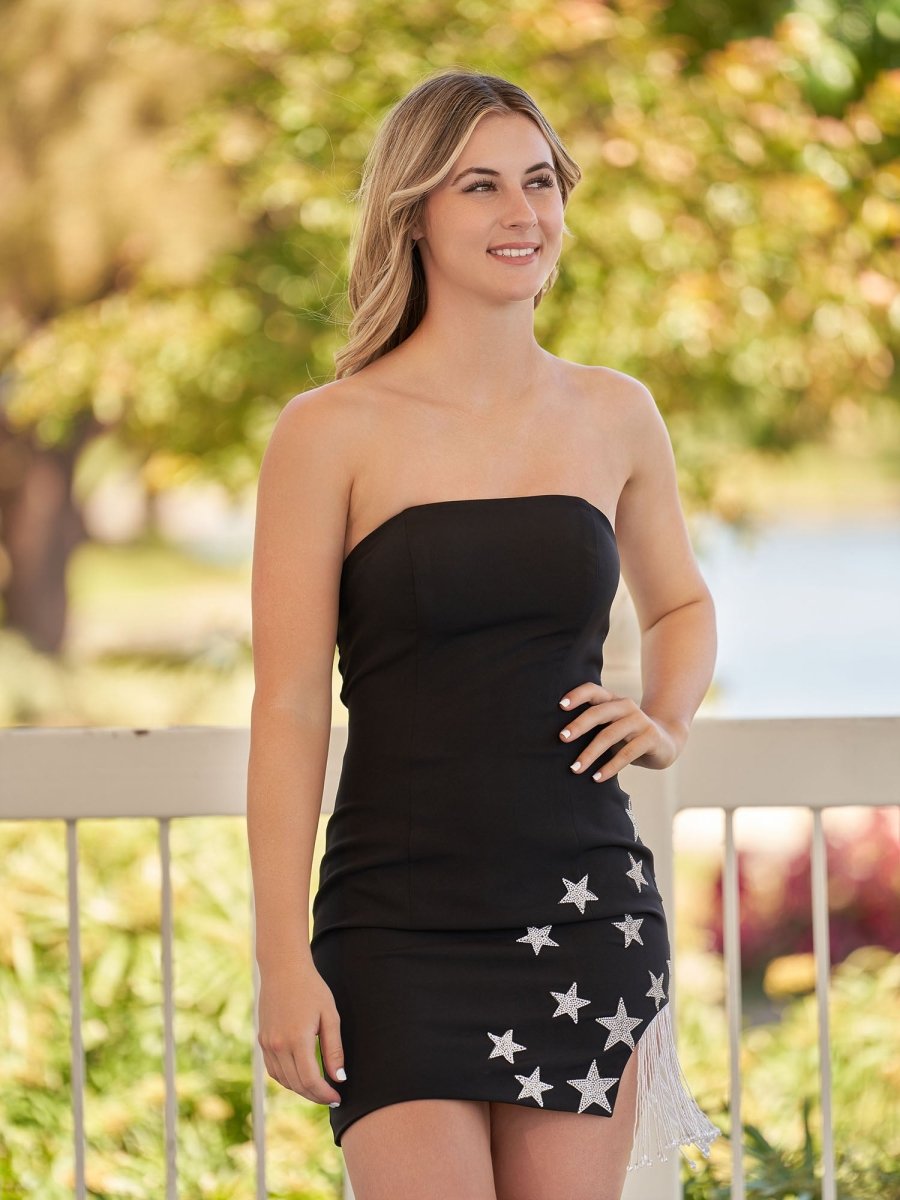 Helene |Sheath Black Strapless Satin Homecoming Dress With Star - KissProm