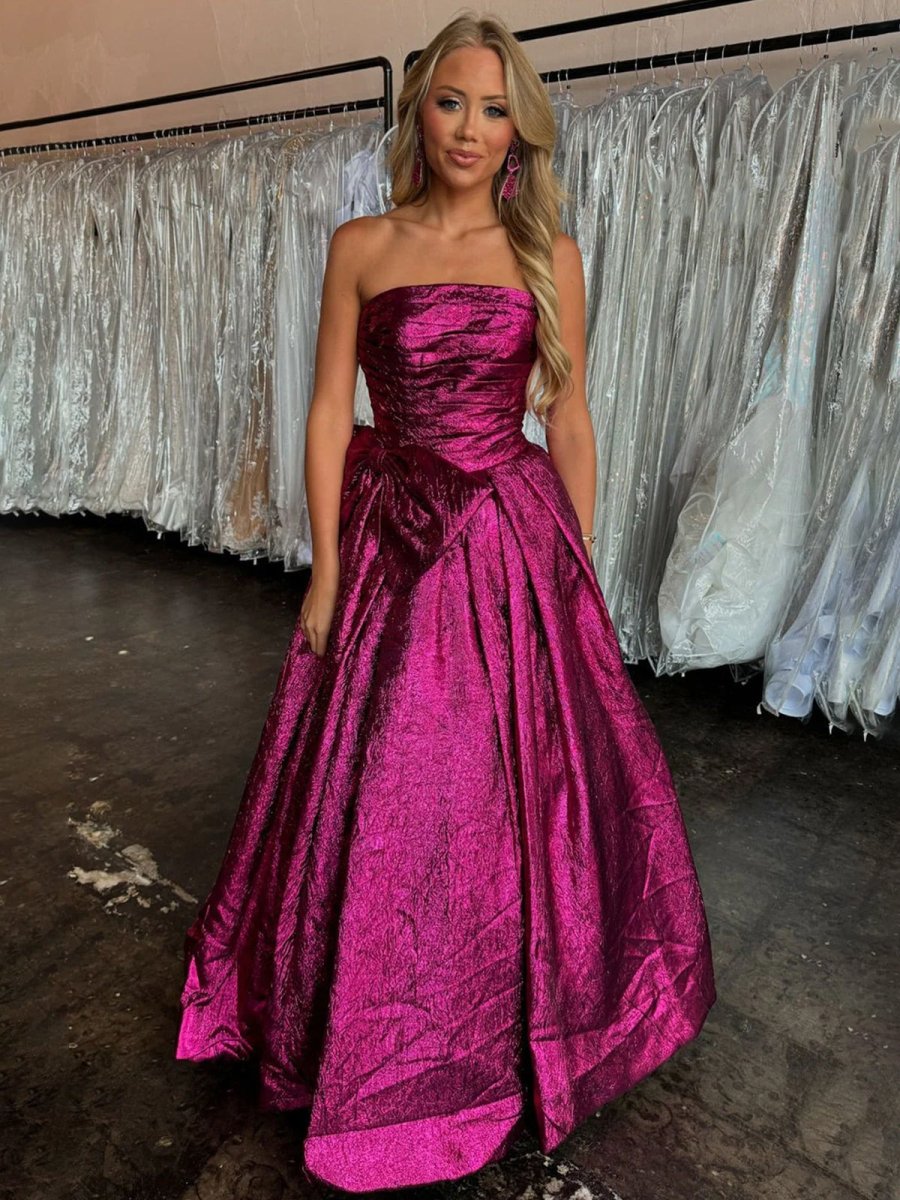 Heloise | Fuchsia Strapless A - Line Long Prom Dress With Bow - KissProm