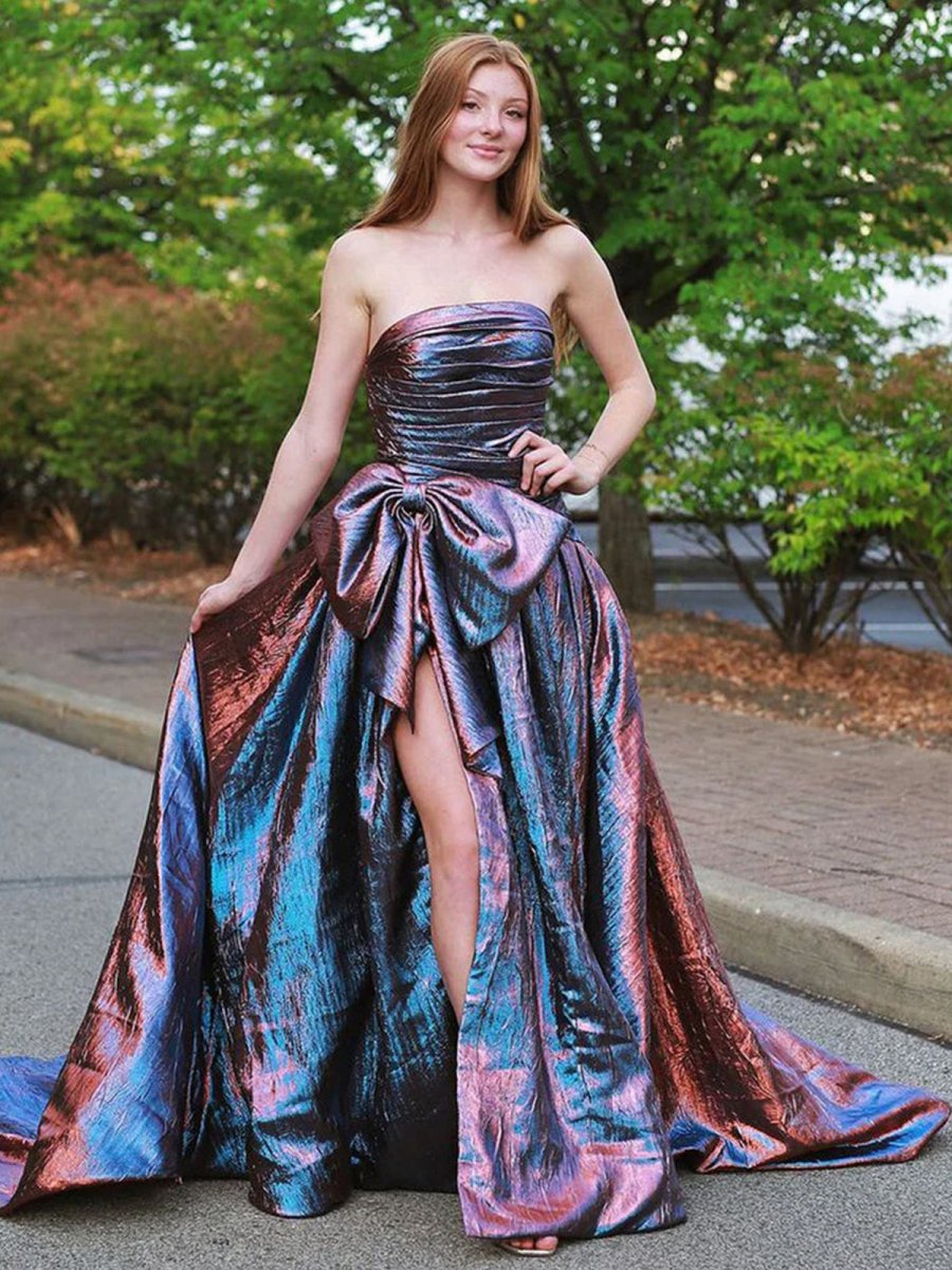 Heloise | Fuchsia Strapless A - Line Long Prom Dress With Bow - KissProm