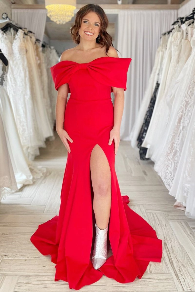 Herbert | Red Off - the - Shoulder Bow Mermaid Gown with Slit - KissProm