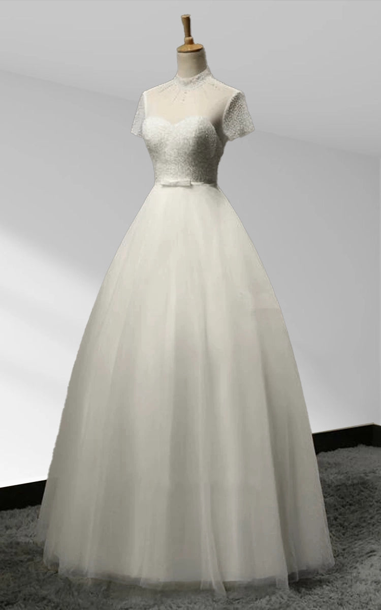 High Neck A-line Tulle Short Sleeves Lace-Up Backless Beading Wedding Dress