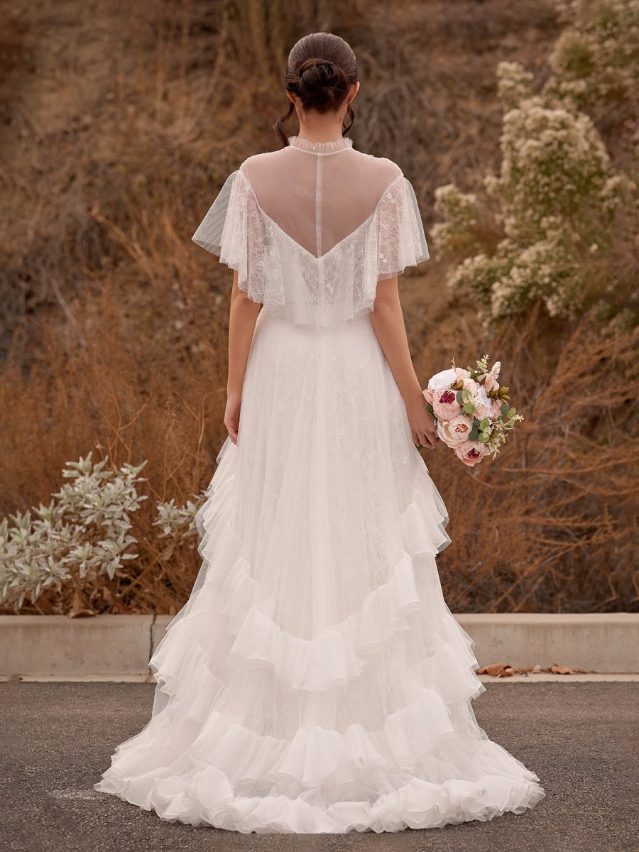 High Split A - Line See - through Short Sleeves Ruffle Tulle Wedding Dresses - KissProm