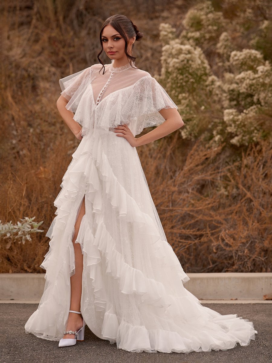 High Split A - Line See - through Short Sleeves Ruffle Tulle Wedding Dresses - KissProm