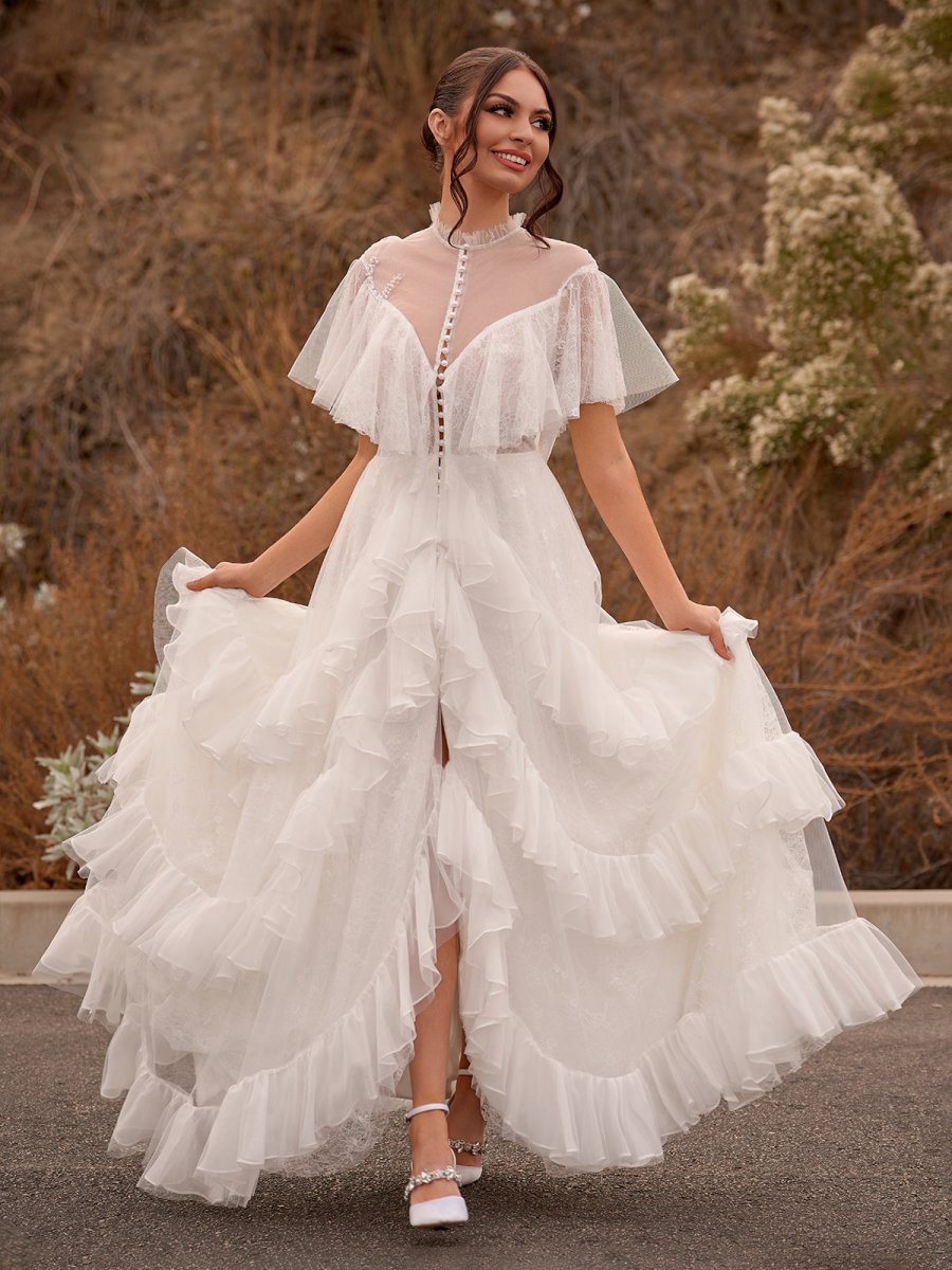 High Split A - Line See - through Short Sleeves Ruffle Tulle Wedding Dresses - KissProm