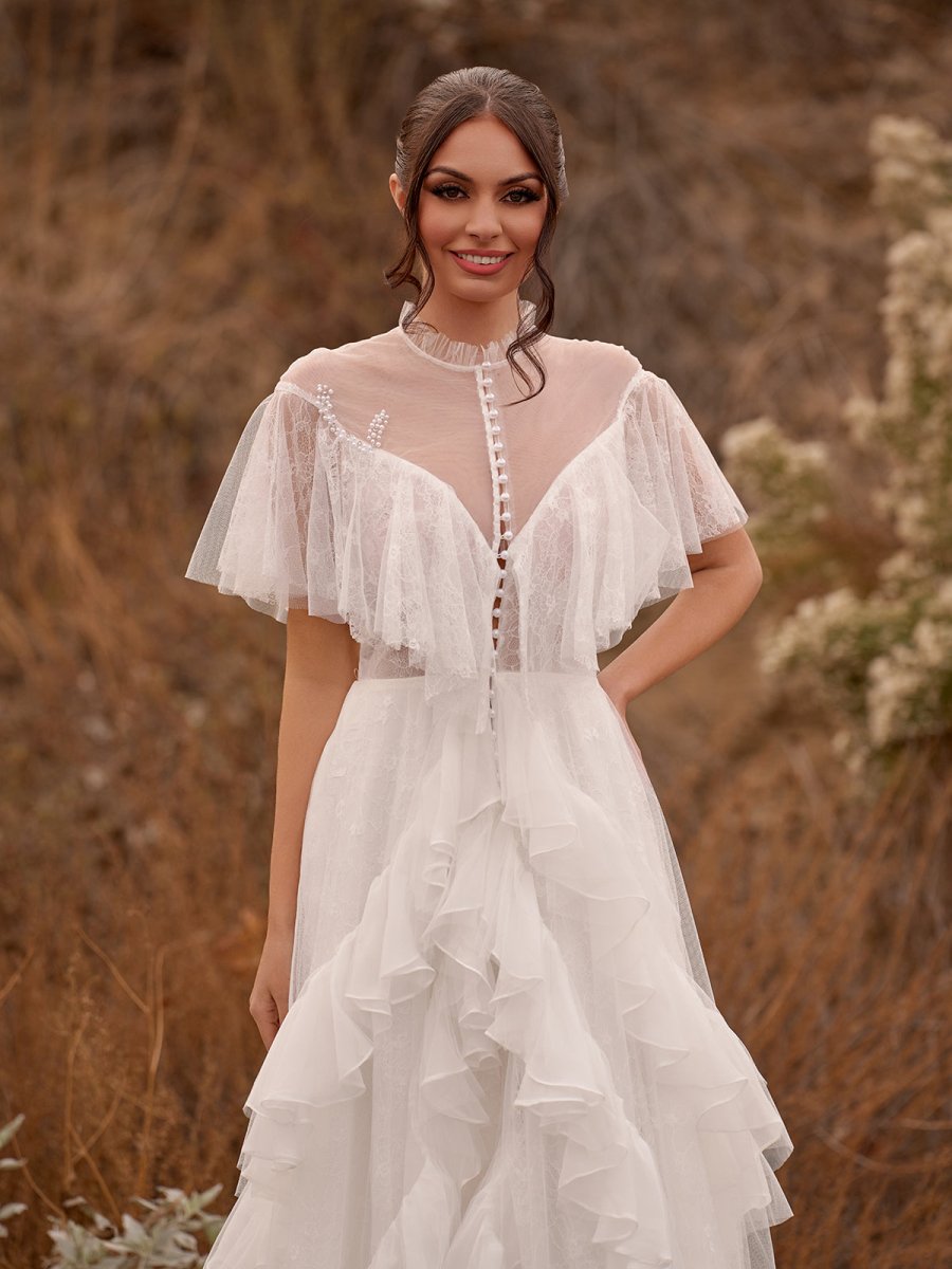 High Split A - Line See - through Short Sleeves Ruffle Tulle Wedding Dresses - KissProm