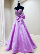 Hindreen | A - Line Sweetheart Lilac Beaded Long Prom Dresses With Bow - KissProm