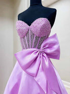 Hindreen | A - Line Sweetheart Lilac Beaded Long Prom Dresses With Bow - KissProm